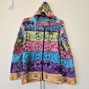 Hippie Peace Sign Hoodie Large Tie Dye‎ Striped Exposed Seam Zip Up Multi Jacket